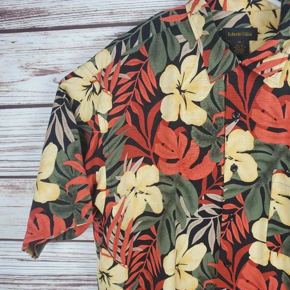 Roberto Villini Mens Medium 100% Silk Floral Hawaiian Shirt #115 - Picture 5 of 9